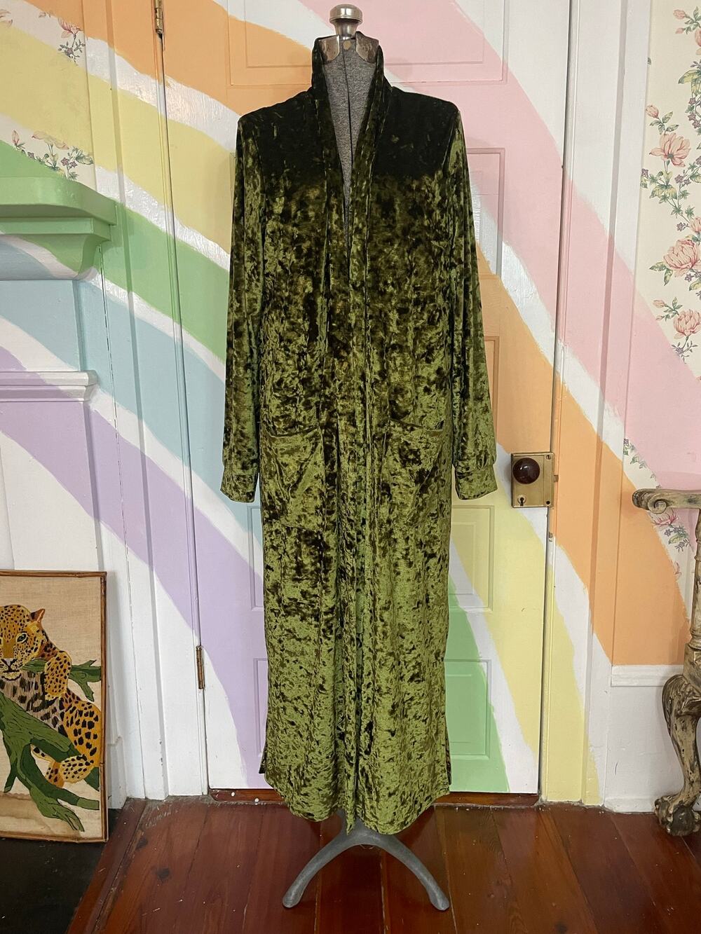 Panache Olive Crushed Velvet Maxi Duster Cardigan Kimono Boho Medium